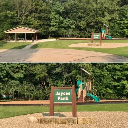 a full view of the park, playground and pavilion
