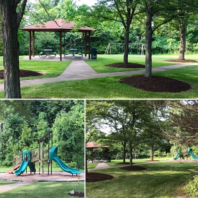 Three views of the Park showing a tree lined path, pavilion and playground
