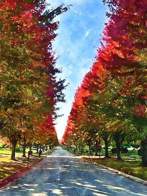A watercolor photo of fall street trees