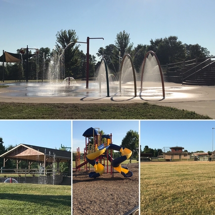 A group of pictures showing the splash pad and swings