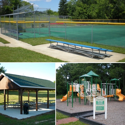 Three views of the Park highlighting the Miracle League softball field, playground and pavilion