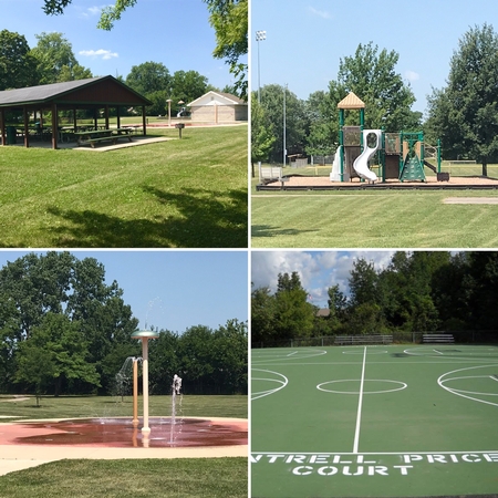 a grouping of photos showing the splash pad and pavilion