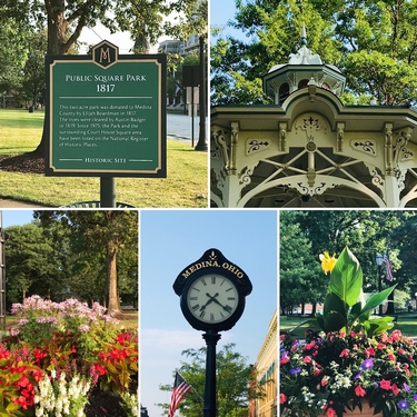 various photos of Uptown Park. The welcome sign, clock and flowers
