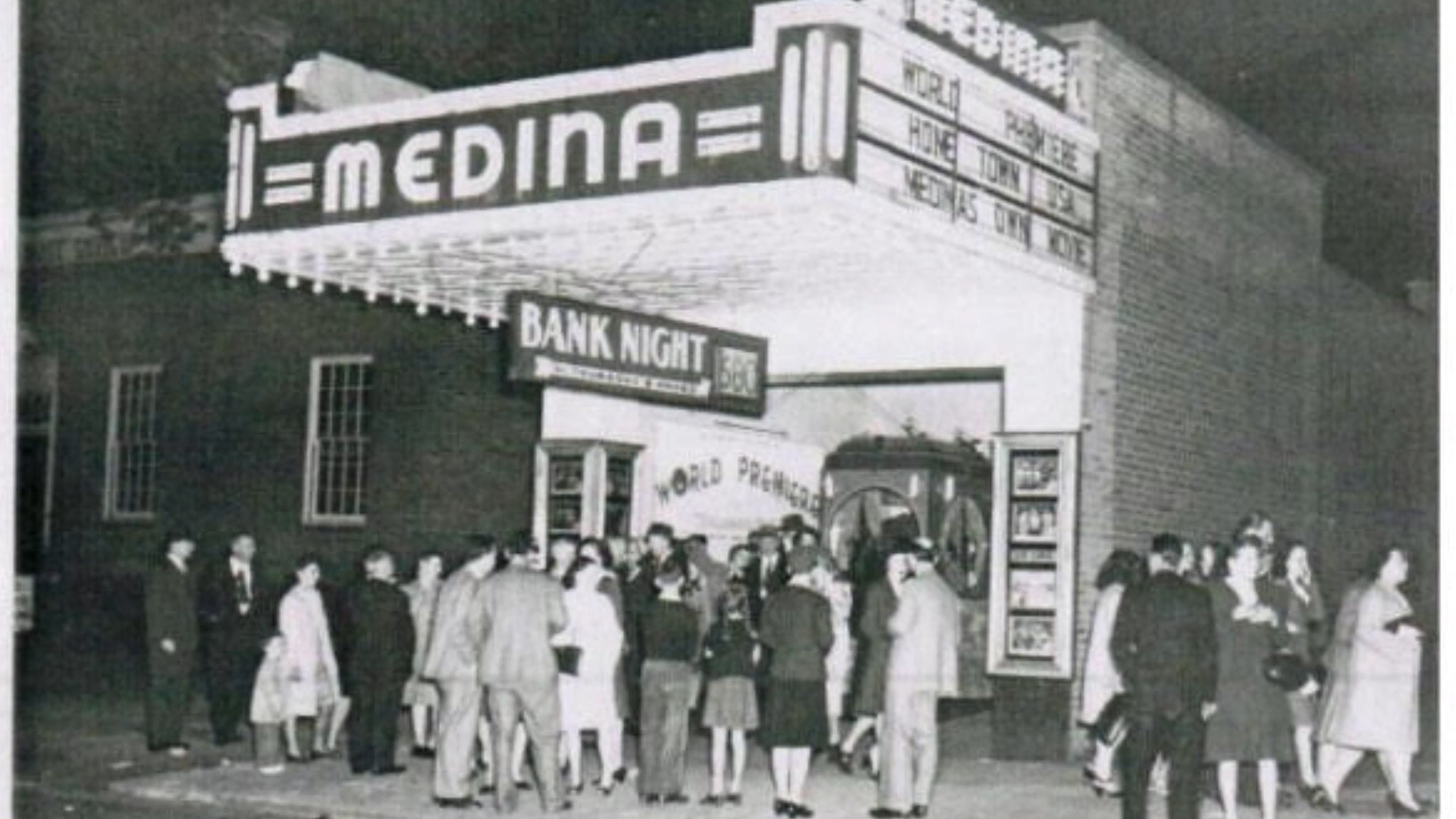 Black and White photo of the front of the Medina Theater
